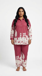 Plus Size Maroon Cotton Blend Floral Print Co-ord Set -120059