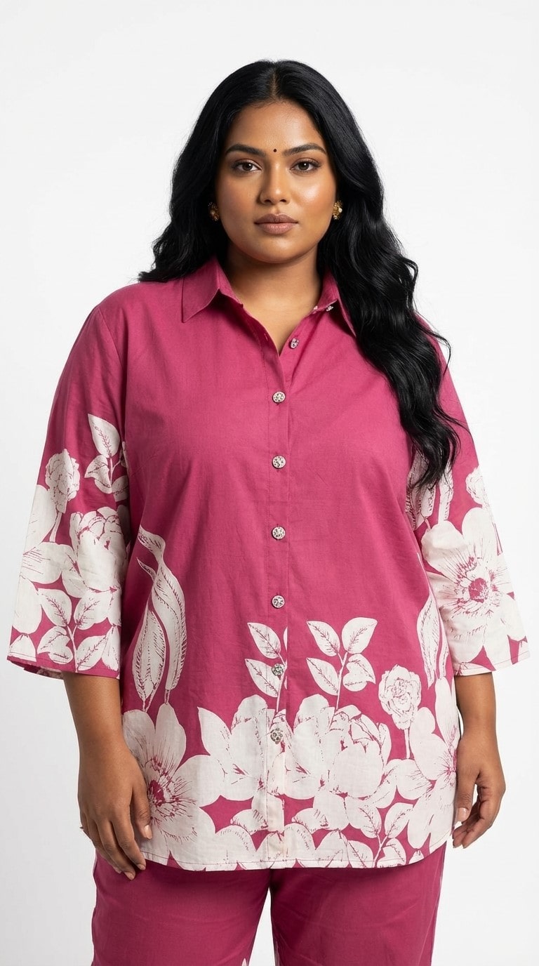 Plus Size Maroon Cotton Blend Floral Print Co-ord Set -120059