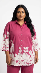 Plus Size Maroon Cotton Blend Floral Print Co-ord Set -120059