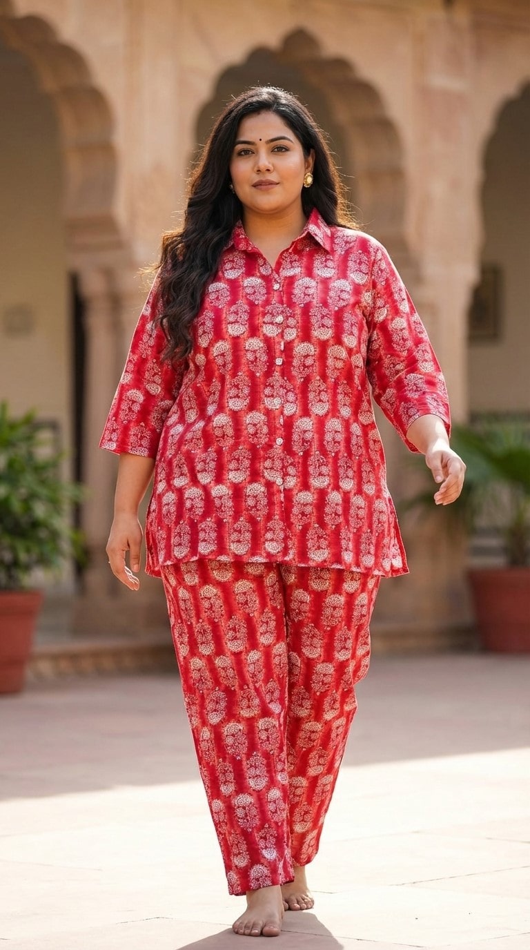 Plus Size Red Poly crepe  Floral Print Co-ord Set -120060 Main image