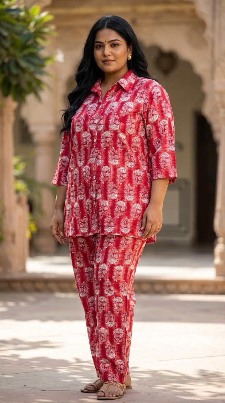 Plus Size Red Poly crepe  Floral Print Co-ord Set -120060