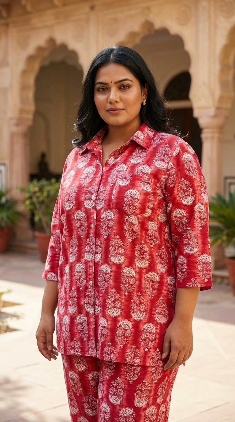 Plus Size Red Poly crepe  Floral Print Co-ord Set -120060