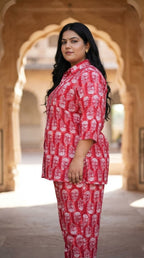 Plus Size Red Poly crepe  Floral Print Co-ord Set -120060