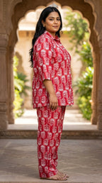 Plus Size Red Poly crepe  Floral Print Co-ord Set -120060