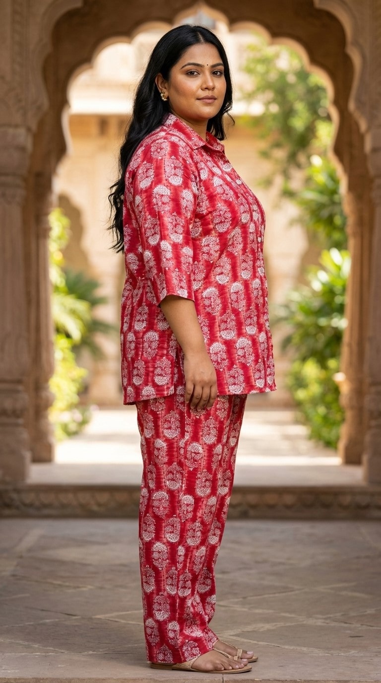 Plus Size Red Poly crepe  Floral Print Co-ord Set -120060