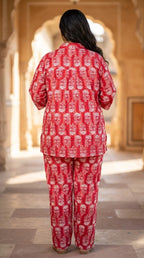 Plus Size Red Poly crepe  Floral Print Co-ord Set -120060