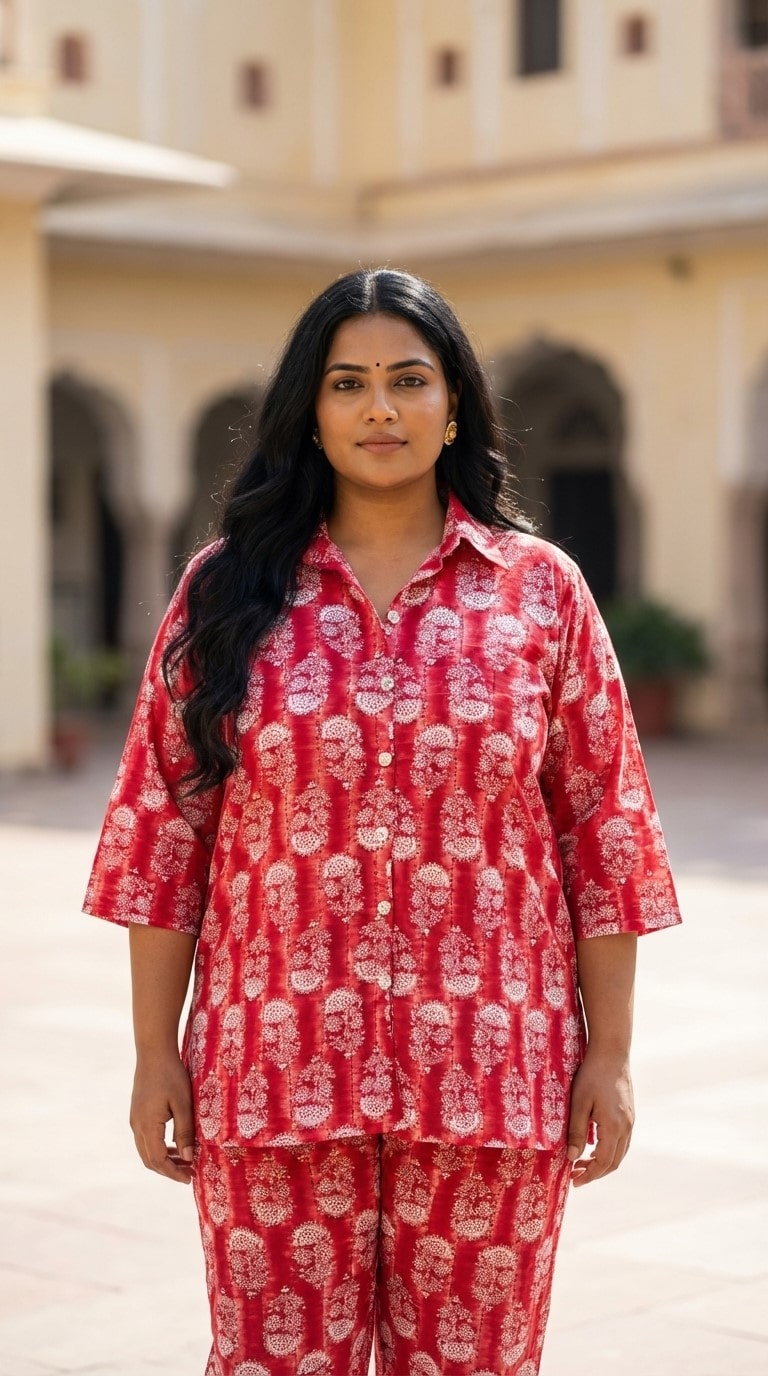 Plus Size Red Poly crepe  Floral Print Co-ord Set -120060