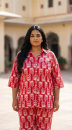 Plus Size Red Poly crepe  Floral Print Co-ord Set -120060