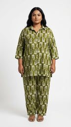 Plus Size Green Poly crepe  Floral Print Co-ord Set -120061