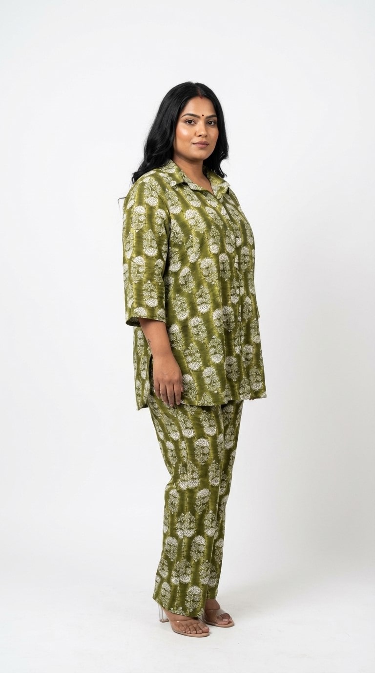 Plus Size Green Poly crepe  Floral Print Co-ord Set -120061