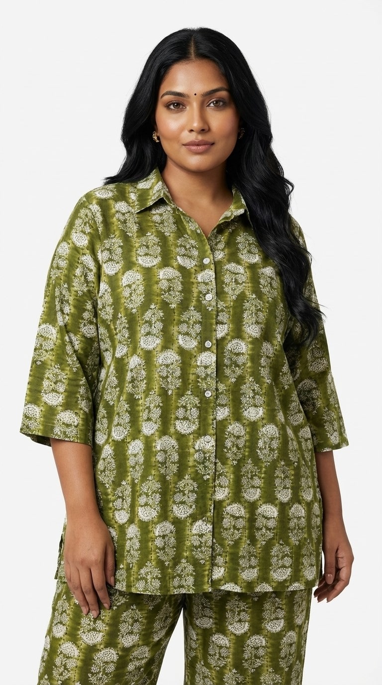 Plus Size Green Poly crepe  Floral Print Co-ord Set -120061