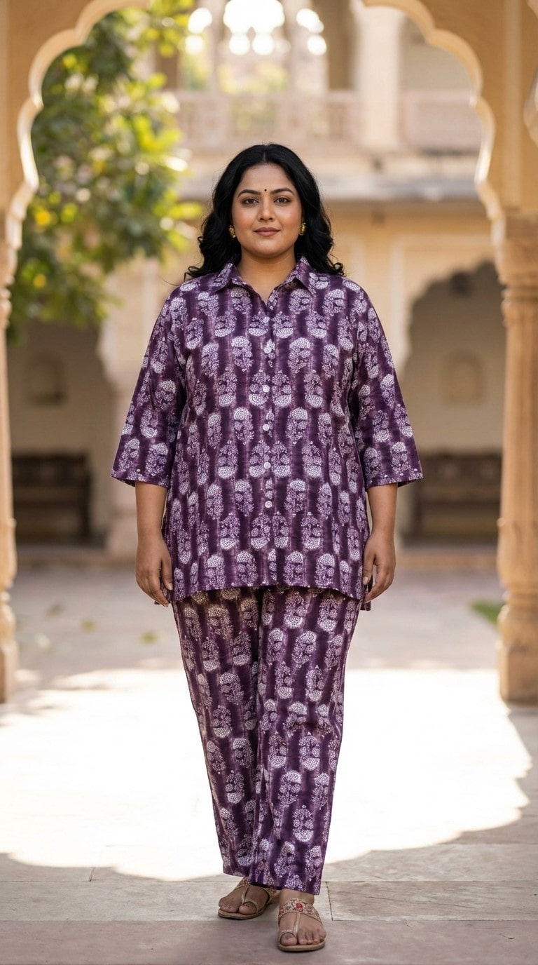 Plus Size Purple Poly crepe  Floral Print Co-ord Set -120062 Main image