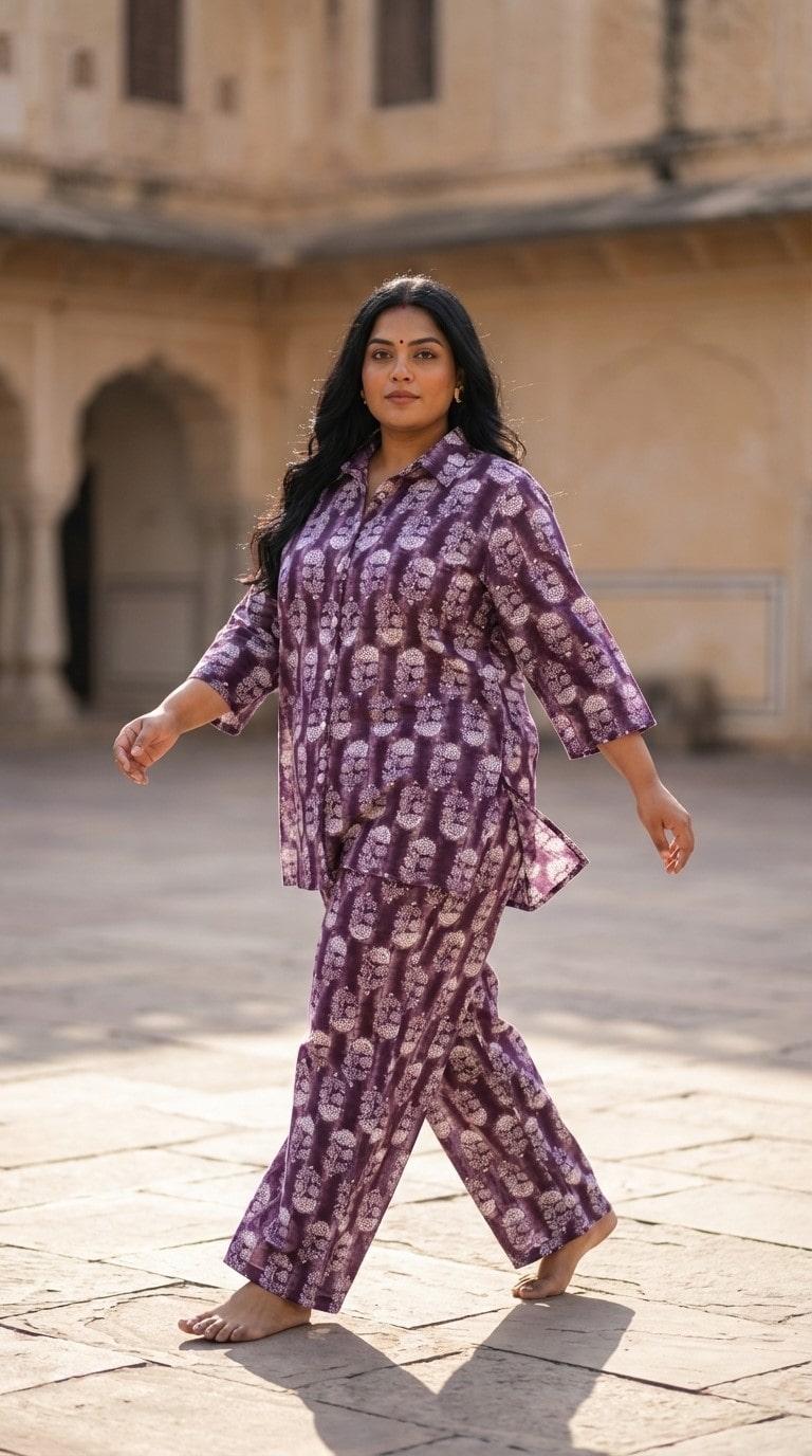 Plus Size Purple Poly crepe  Floral Print Co-ord Set -120062