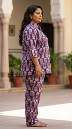 Plus Size Purple Poly crepe  Floral Print Co-ord Set -120062