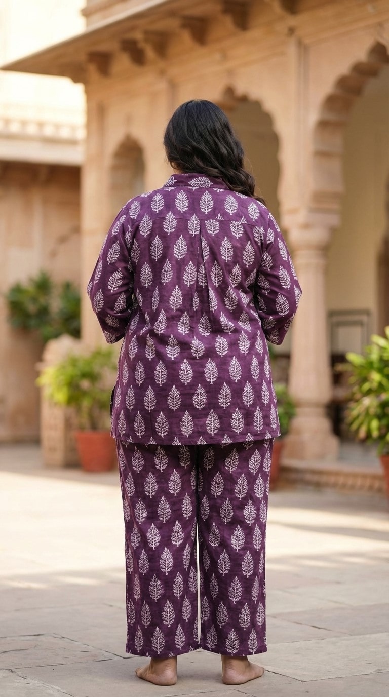 Plus Size Purple Poly crepe  Floral Print Co-ord Set -120062