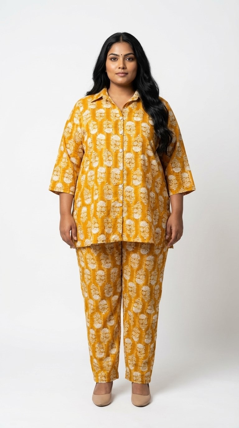 Plus Size Yellow Poly crepe  Floral Print Co-ord Set -120063