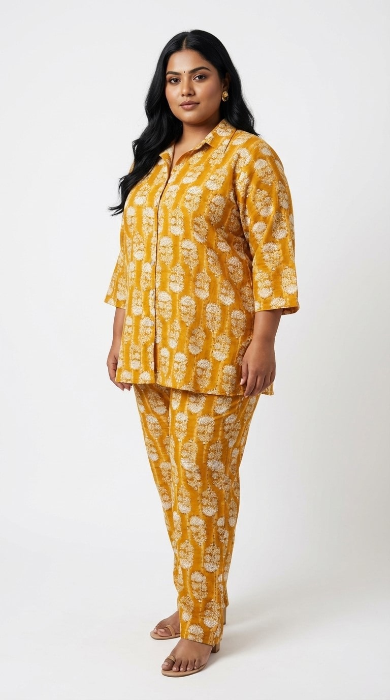 Plus Size Yellow Poly crepe  Floral Print Co-ord Set -120063
