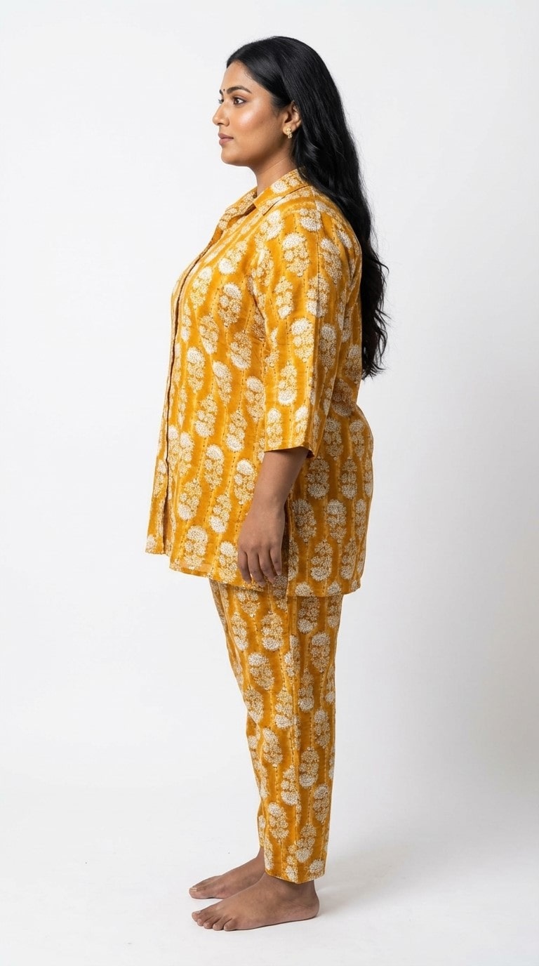 Plus Size Yellow Poly crepe  Floral Print Co-ord Set -120063