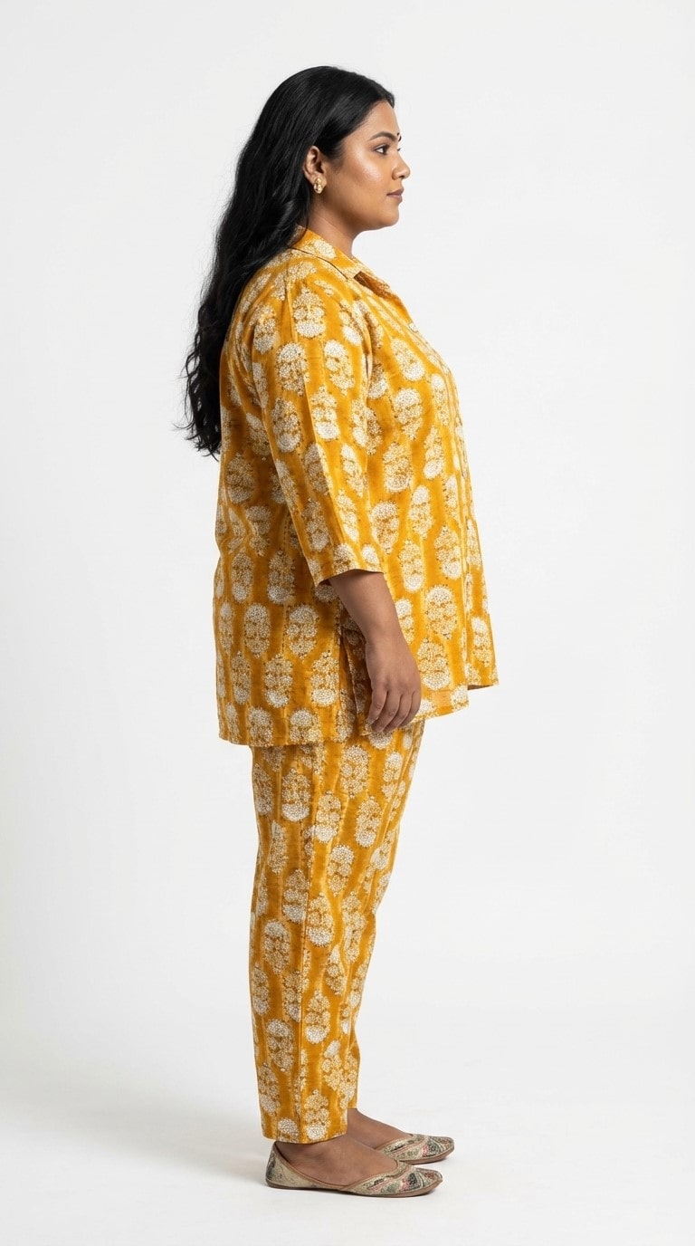 Plus Size Yellow Poly crepe  Floral Print Co-ord Set -120063