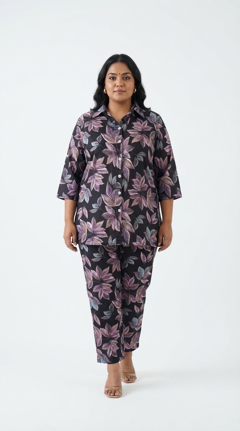 Plus Size Purple Poly crepe  Floral Print Co-ord Set -120064 Main image