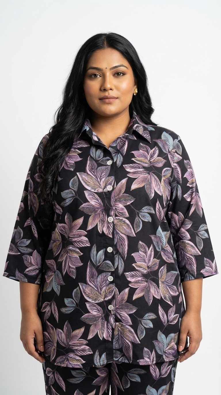 Plus Size Purple Poly crepe  Floral Print Co-ord Set -120064
