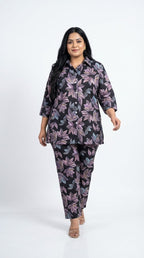 Plus Size Purple Poly crepe  Floral Print Co-ord Set -120064