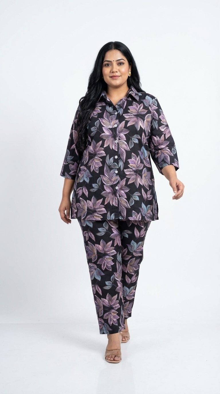 Plus Size Purple Poly crepe  Floral Print Co-ord Set -120064