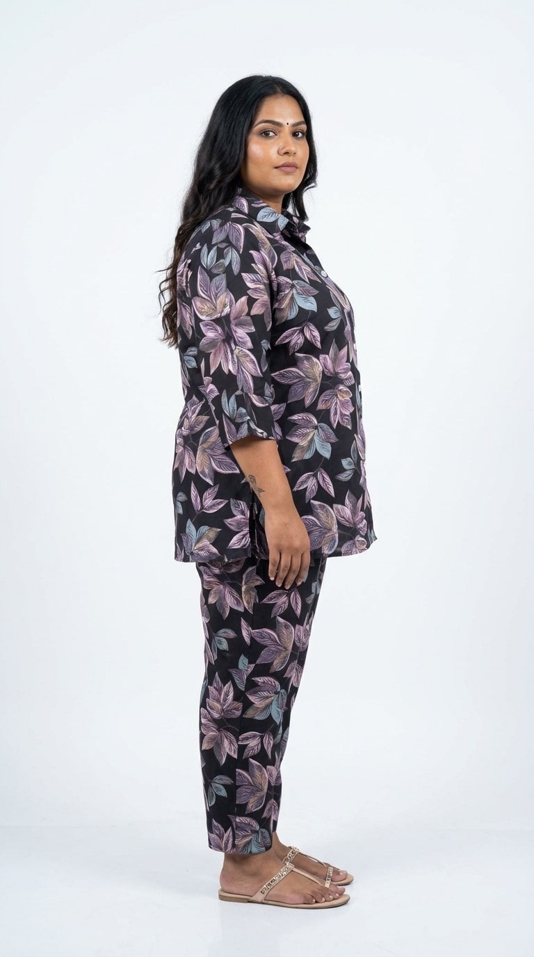 Plus Size Purple Poly crepe  Floral Print Co-ord Set -120064