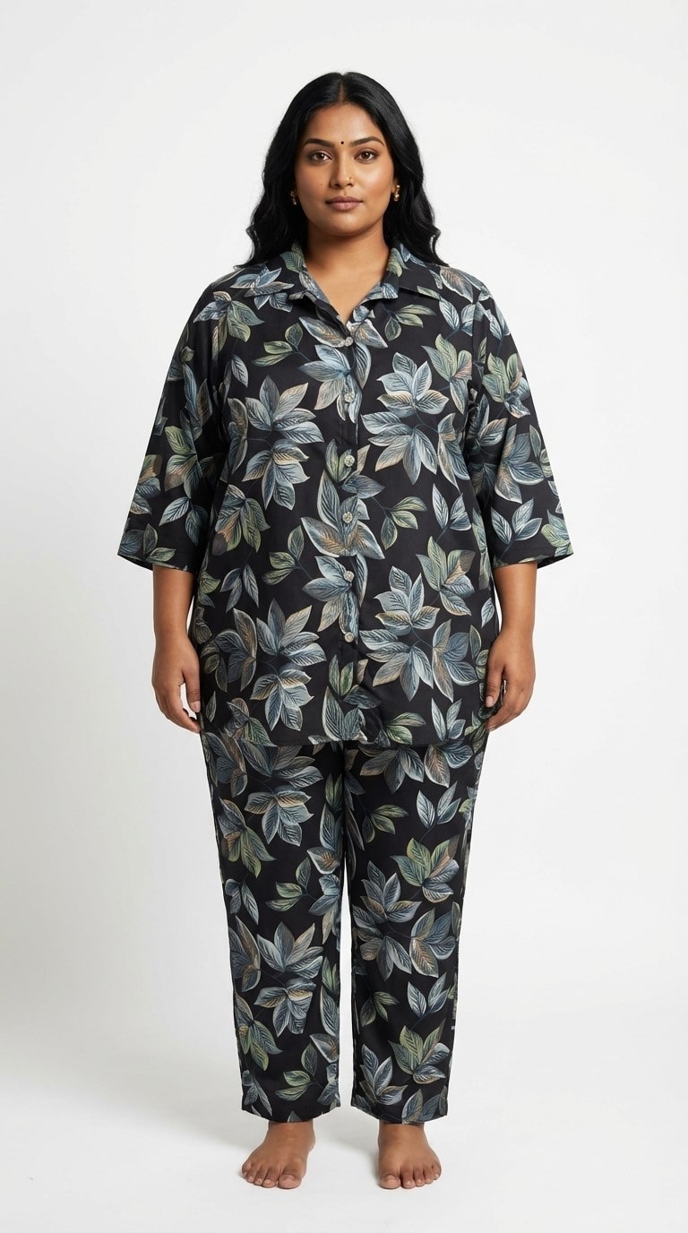 Plus Size Black Poly crepe  Floral Print Co-ord Set -120065 Main image