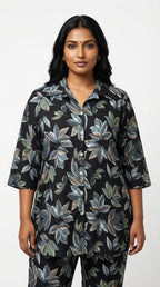 Plus Size Black Poly crepe  Floral Print Co-ord Set -120065