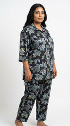 Plus Size Black Poly crepe  Floral Print Co-ord Set -120065