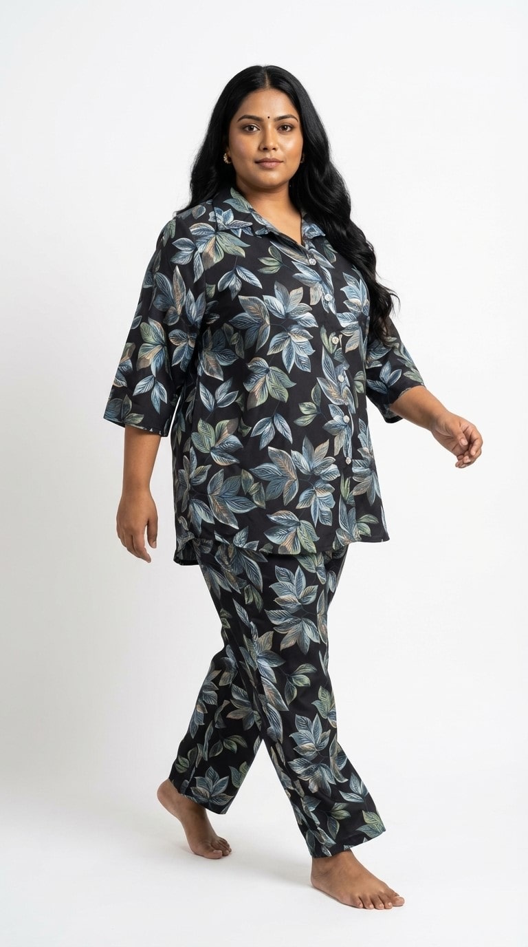 Plus Size Black Poly crepe  Floral Print Co-ord Set -120065
