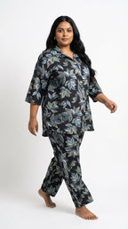 Plus Size Black Poly crepe  Floral Print Co-ord Set -120065