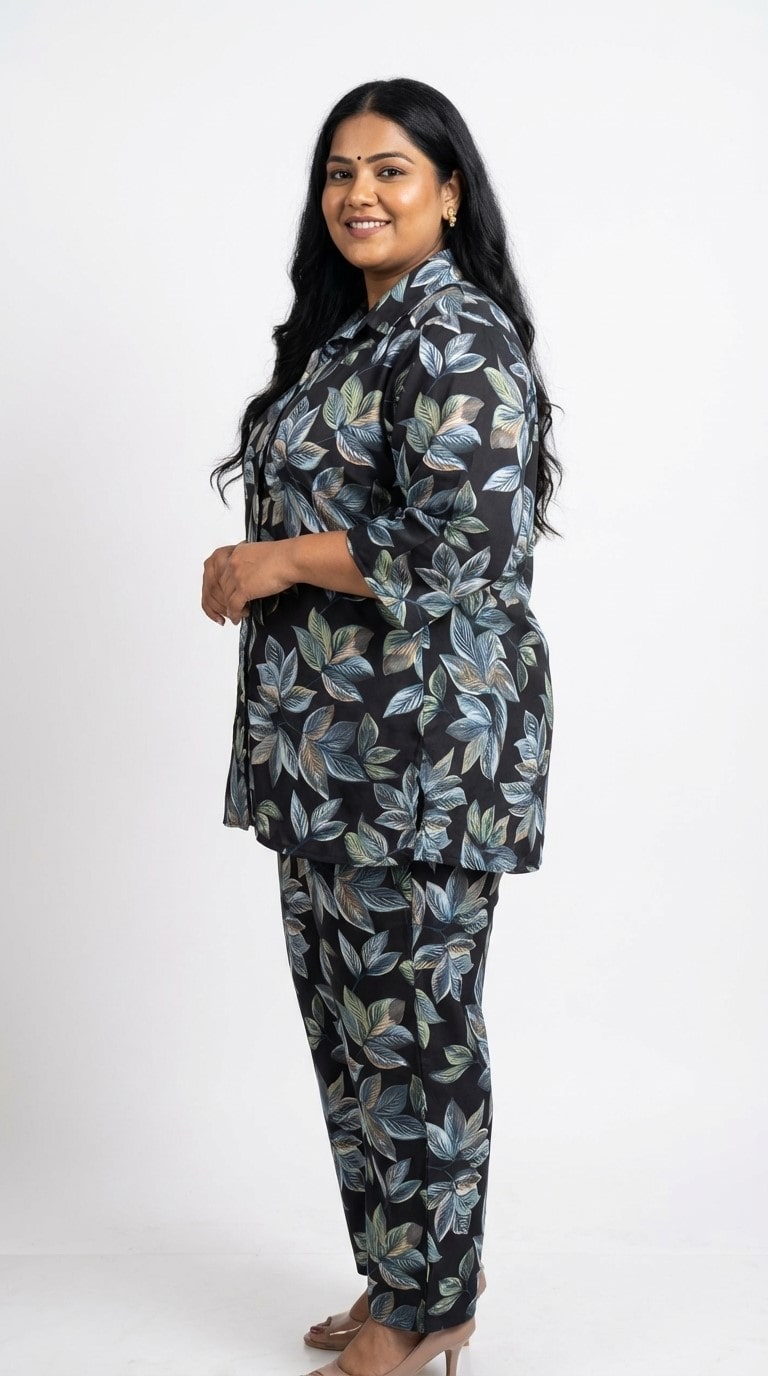 Plus Size Black Poly crepe  Floral Print Co-ord Set -120065