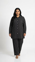 Plus Size Black Poly crepe Polka Dots Print Co-ord Set -120066