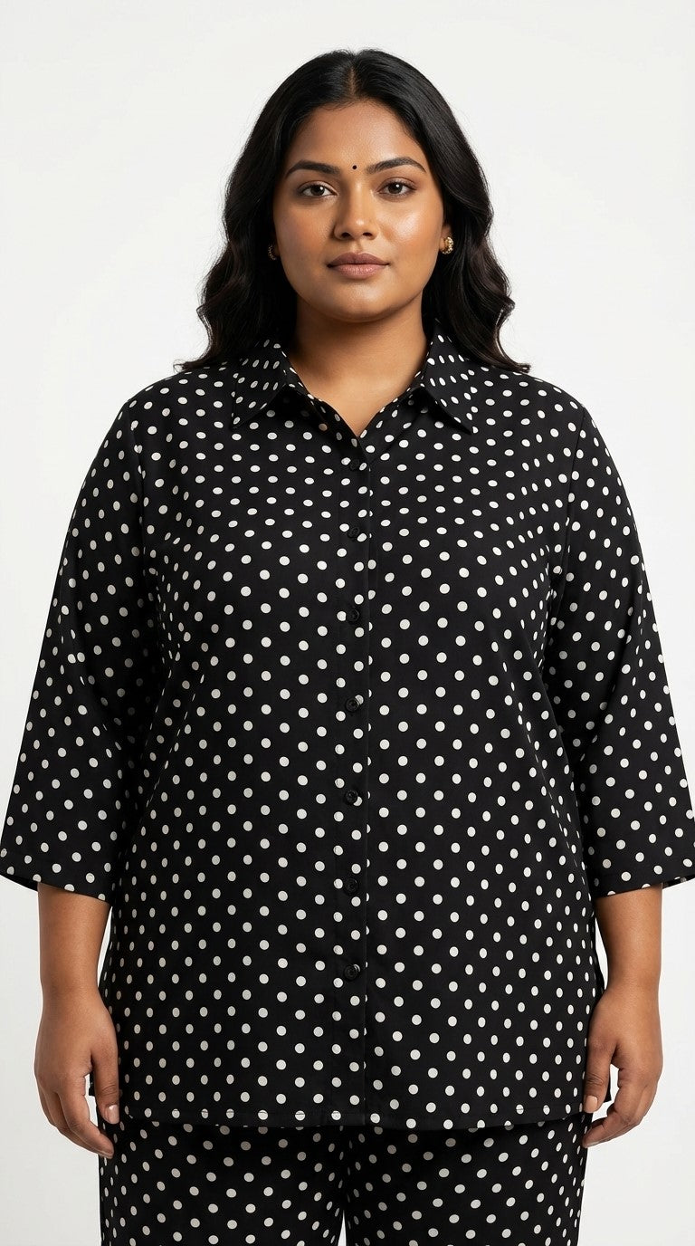Plus Size Black Poly crepe Polka Dots Print Co-ord Set -120066