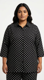 Plus Size Black Poly crepe Polka Dots Print Co-ord Set -120066