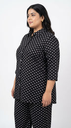 Plus Size Black Poly crepe Polka Dots Print Co-ord Set -120066