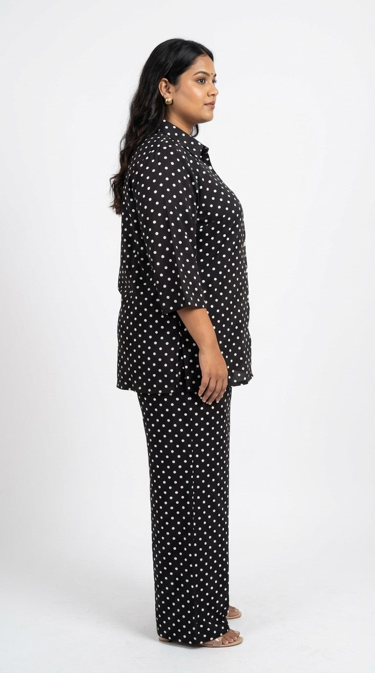 Plus Size Black Poly crepe Polka Dots Print Co-ord Set -120066