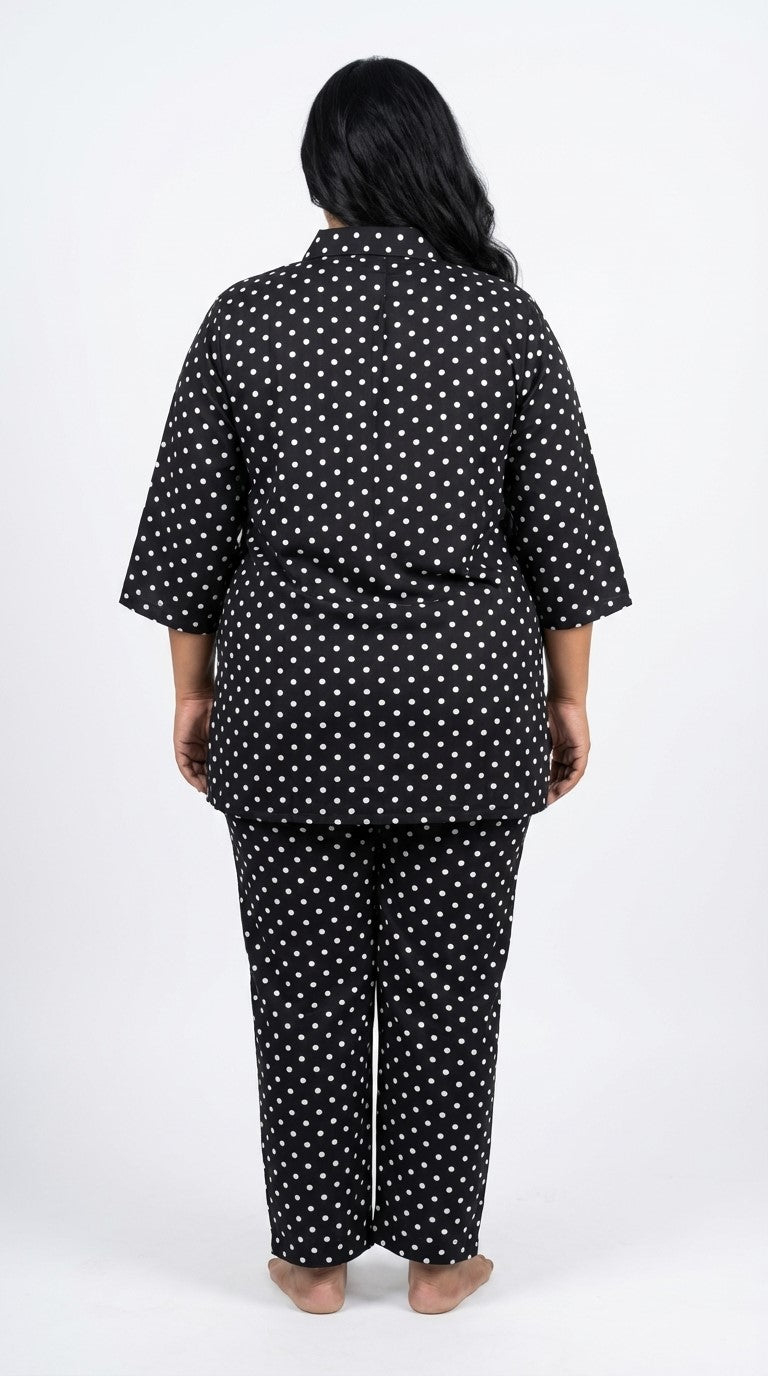 Plus Size Black Poly crepe Polka Dots Print Co-ord Set -120066