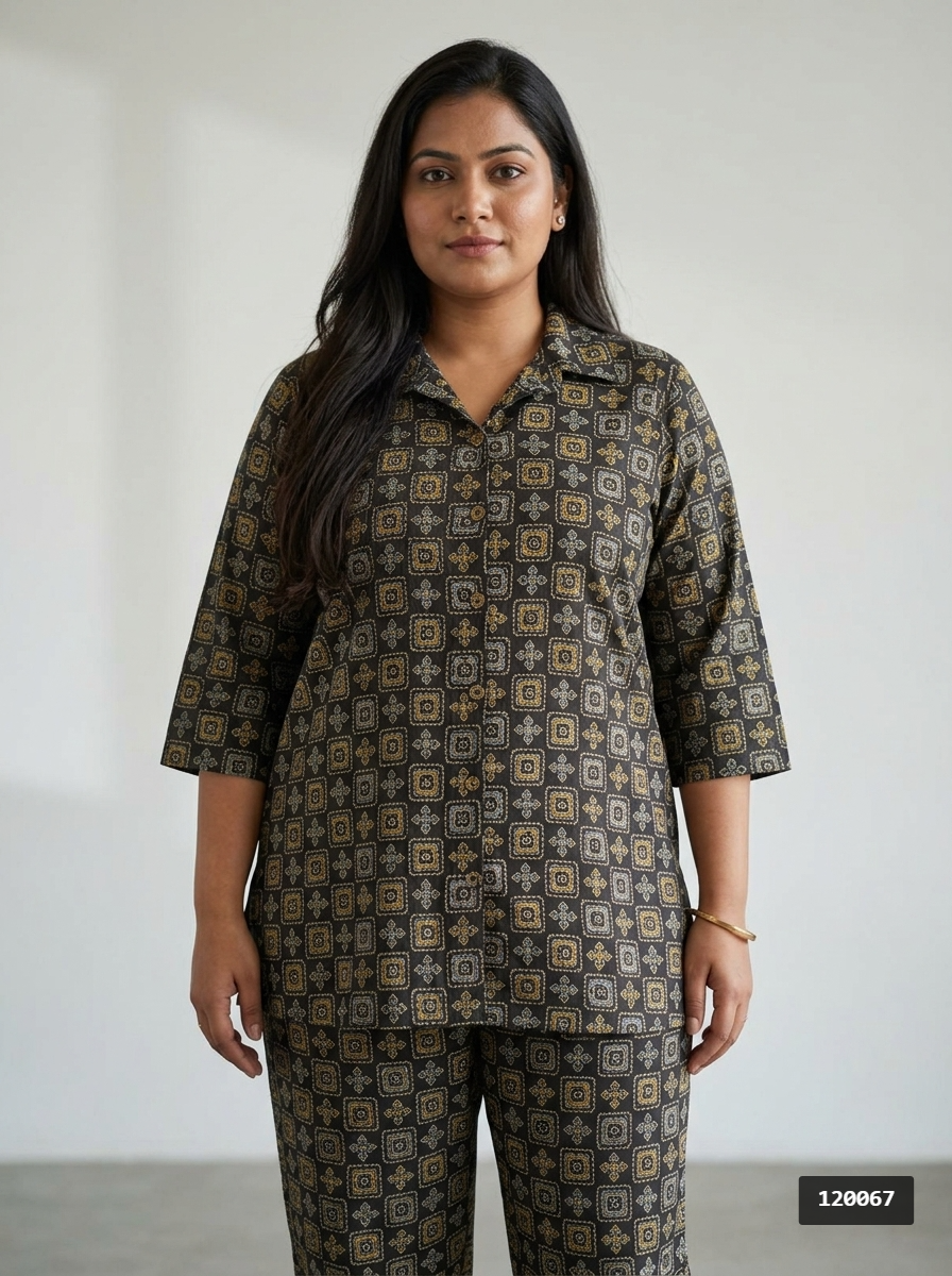 Brown Cotton Floral Print Co-ord Set Plus Size-120067