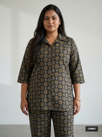 Brown Cotton Floral Print Co-ord Set Plus Size-120067