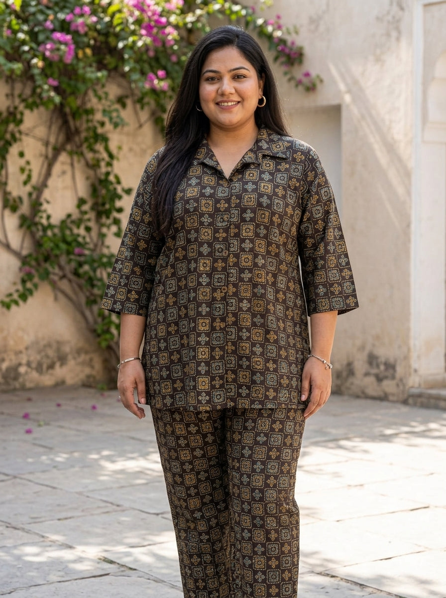 Brown Cotton Floral Print Co-ord Set Plus Size-120067