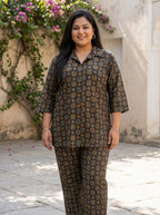 Brown Cotton Floral Print Co-ord Set Plus Size-120067