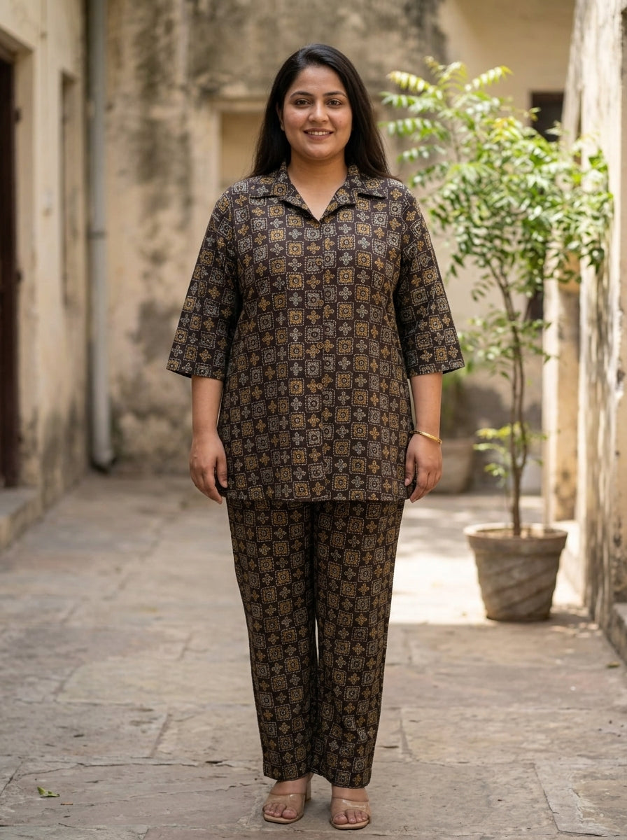 Brown Cotton Floral Print Co-ord Set Plus Size-120067 Main image