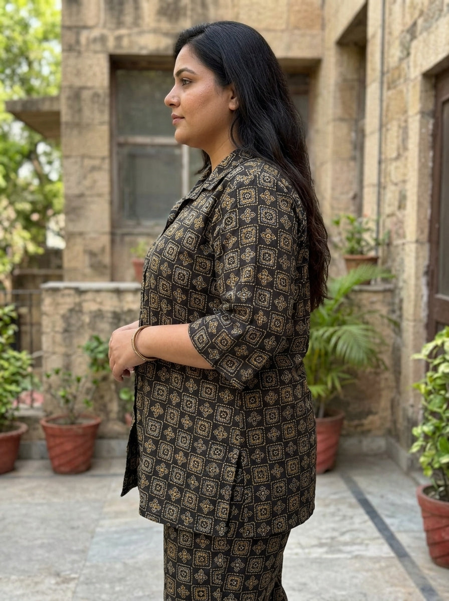 Brown Cotton Floral Print Co-ord Set Plus Size-120067