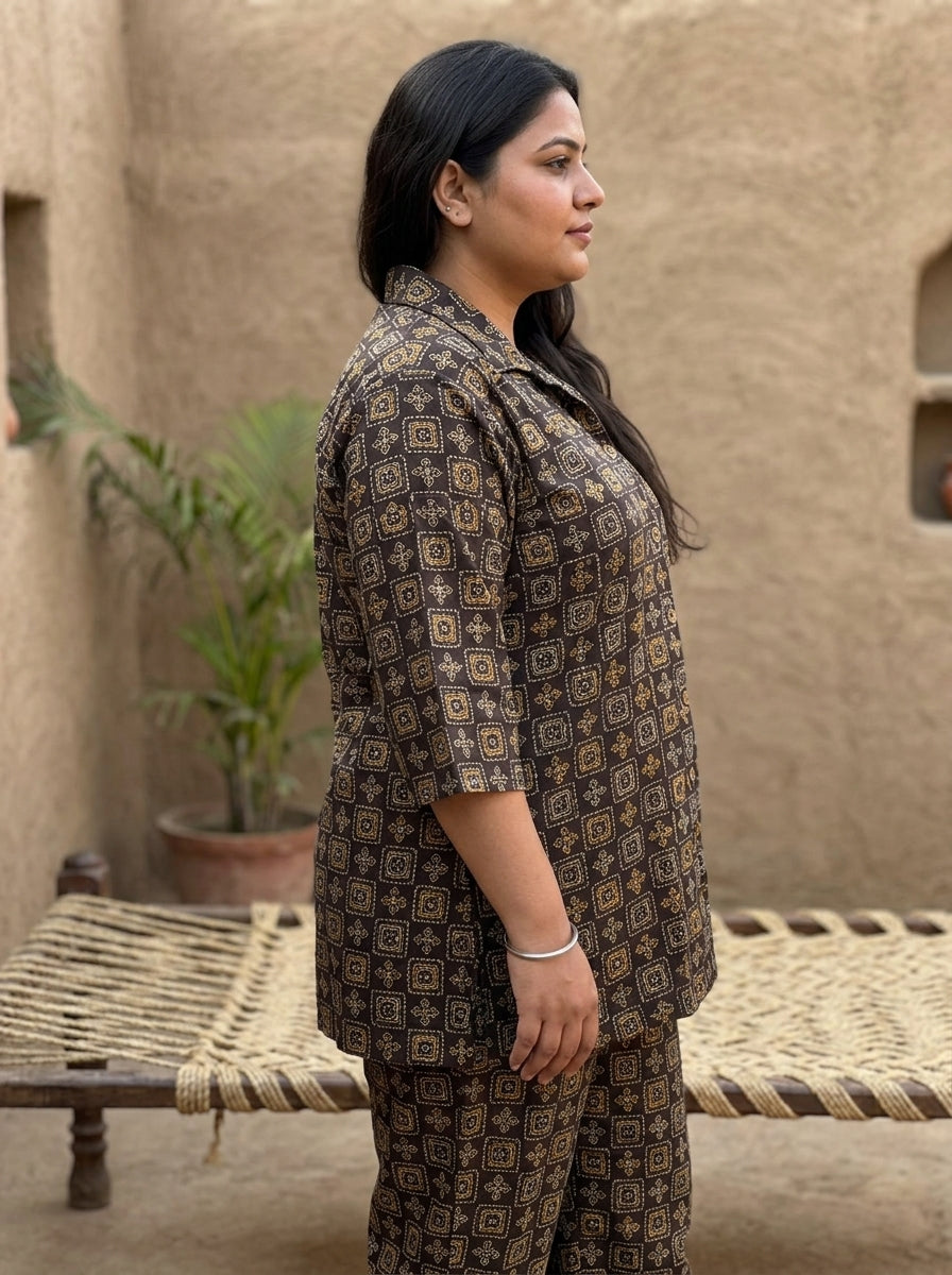 Brown Cotton Floral Print Co-ord Set Plus Size-120067