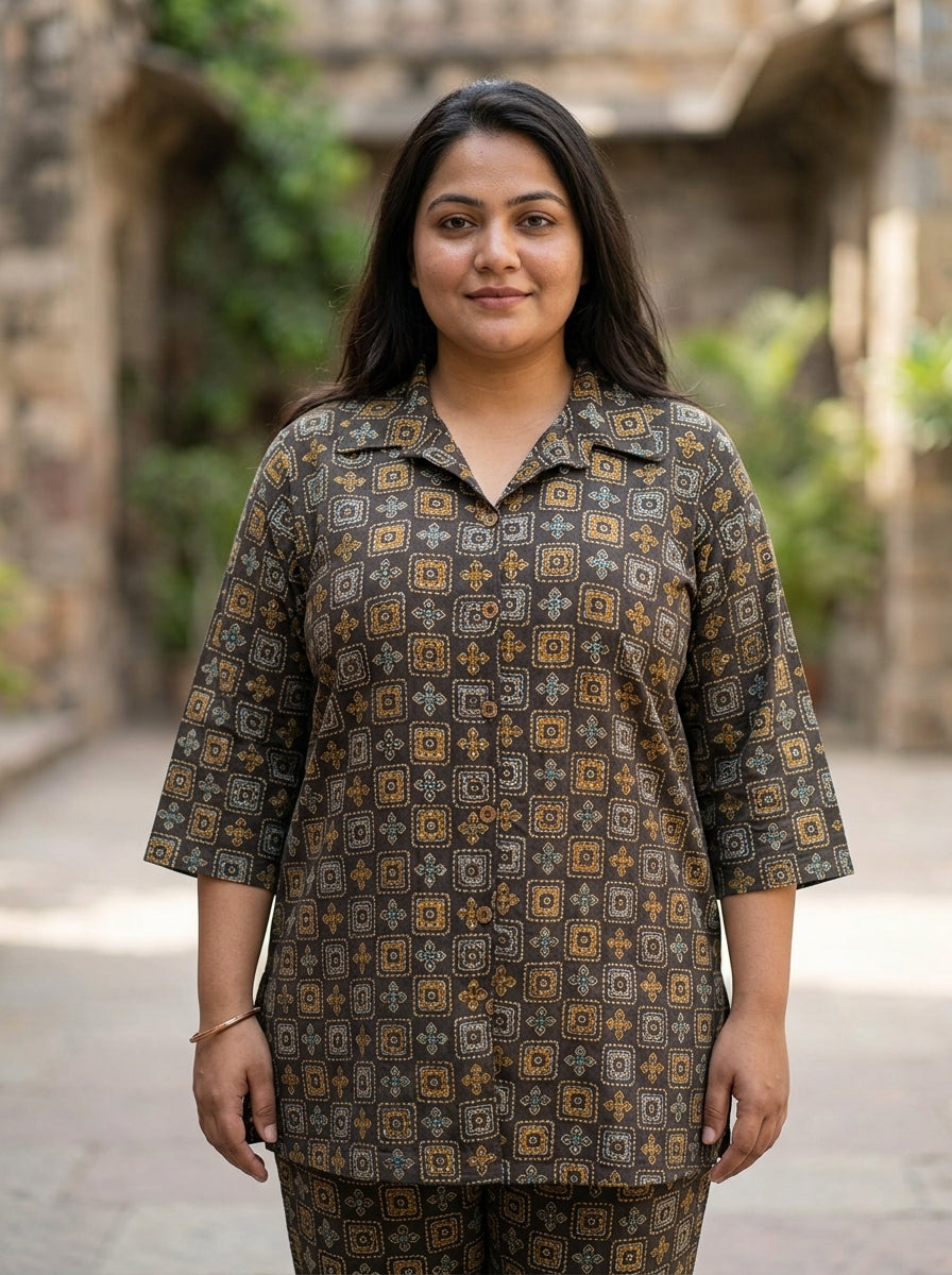 Brown Cotton Floral Print Co-ord Set Plus Size-120067