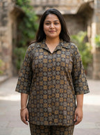 Brown Cotton Floral Print Co-ord Set Plus Size-120067