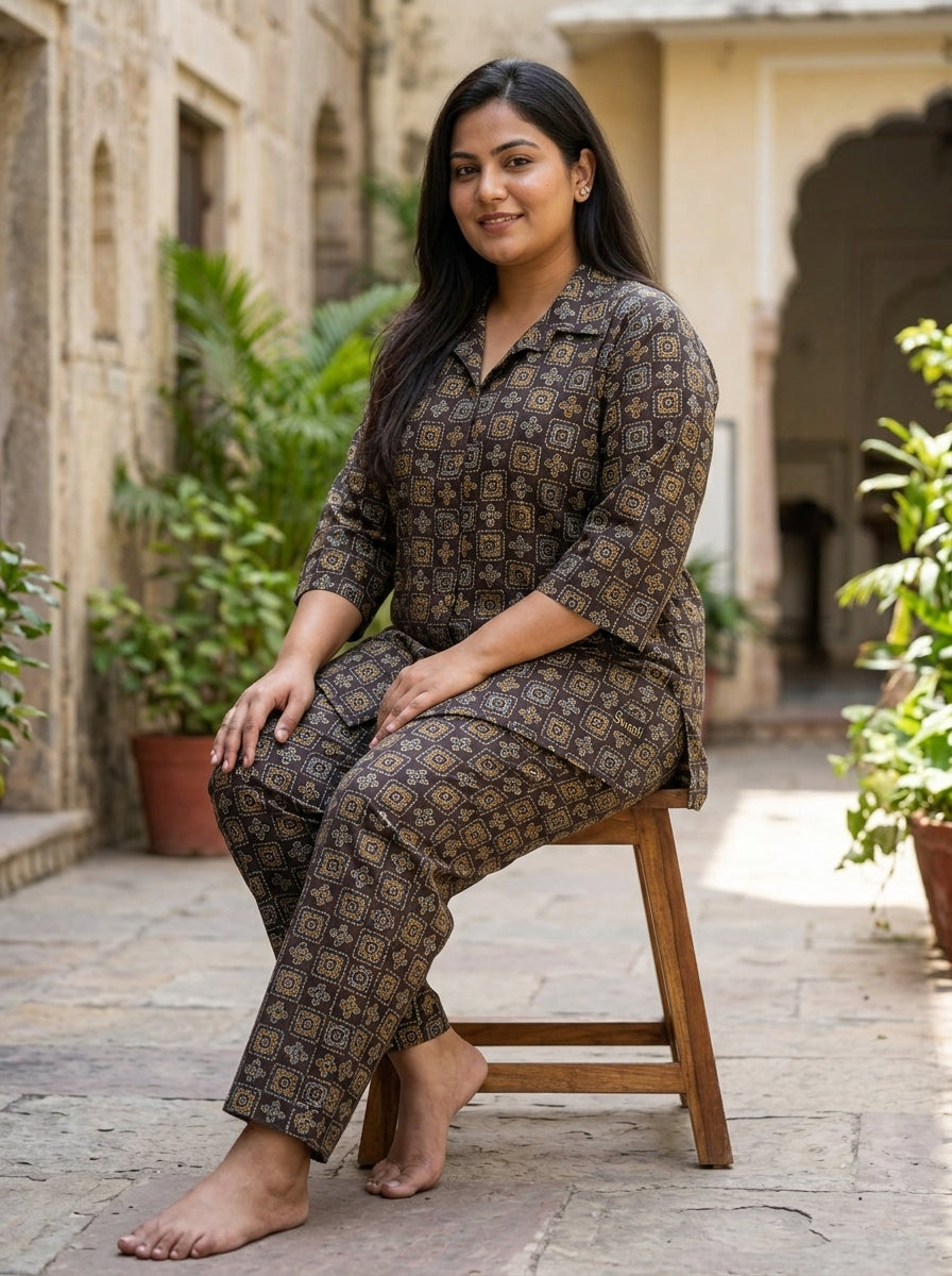 Brown Cotton Floral Print Co-ord Set Plus Size-120067